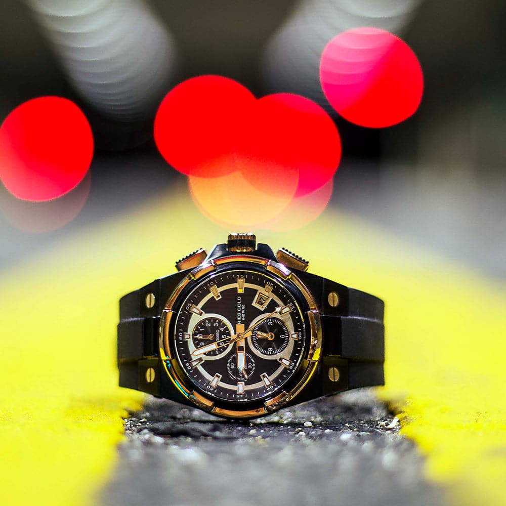 ARIES GOLD KING TWO-TONE STAINLESS STEEL G 7311 BKRG-BKRG HI-TECH BLACK SYNTHETIC STRAP MEN'S WATCH - H2 Hub Watches