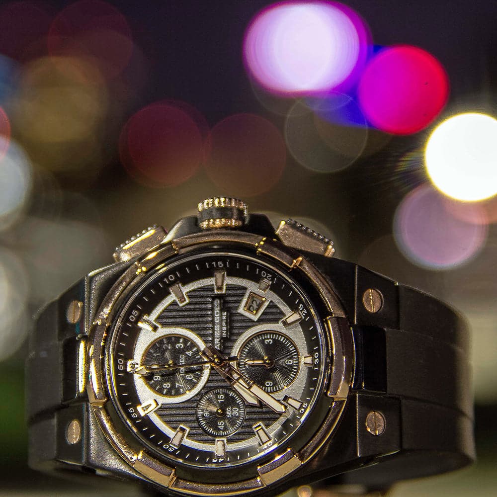 ARIES GOLD KING TWO-TONE STAINLESS STEEL G 7311 BKRG-BKRG HI-TECH BLACK SYNTHETIC STRAP MEN'S WATCH - H2 Hub Watches