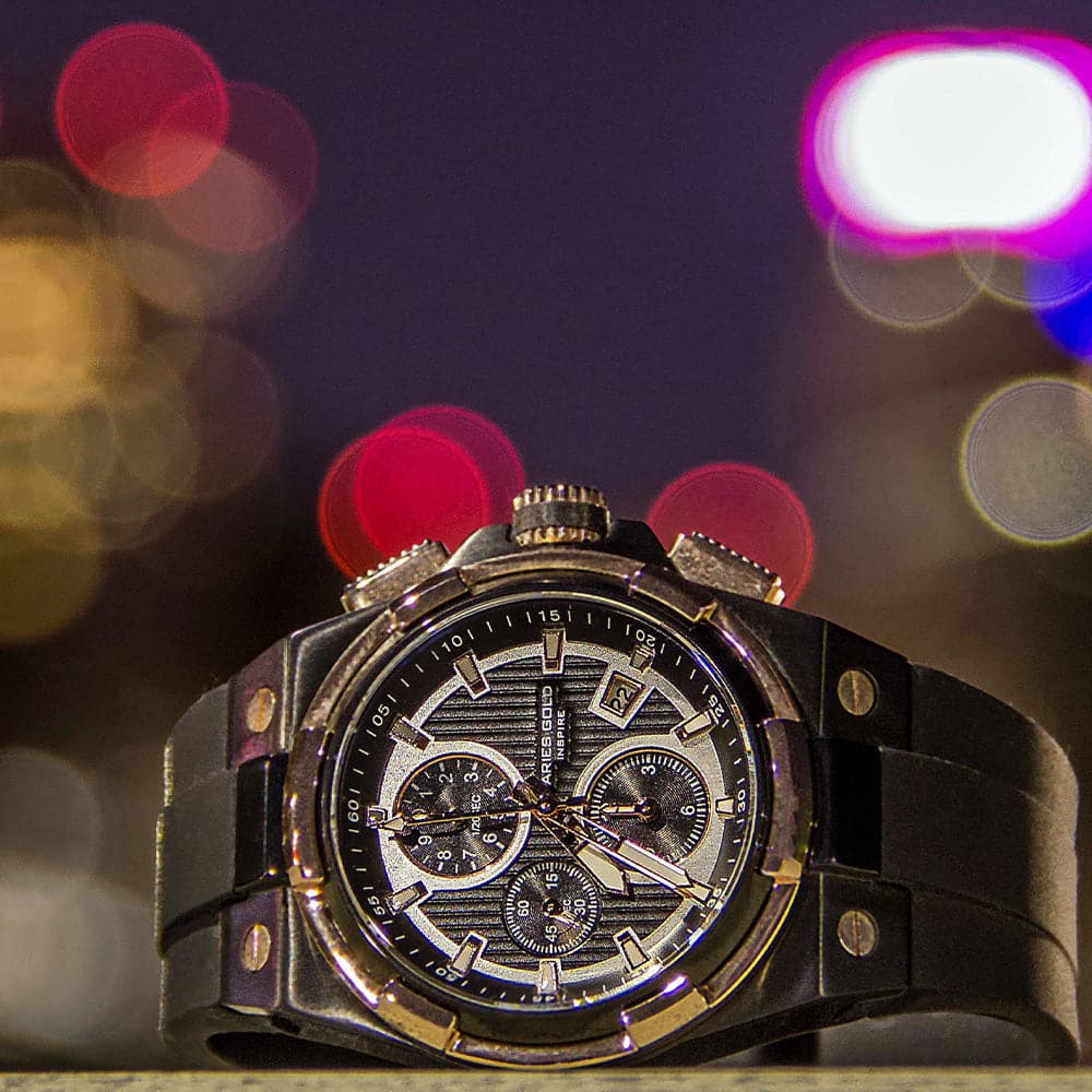 ARIES GOLD KING TWO-TONE STAINLESS STEEL G 7311 BKRG-BKRG HI-TECH BLACK SYNTHETIC STRAP MEN'S WATCH - H2 Hub Watches