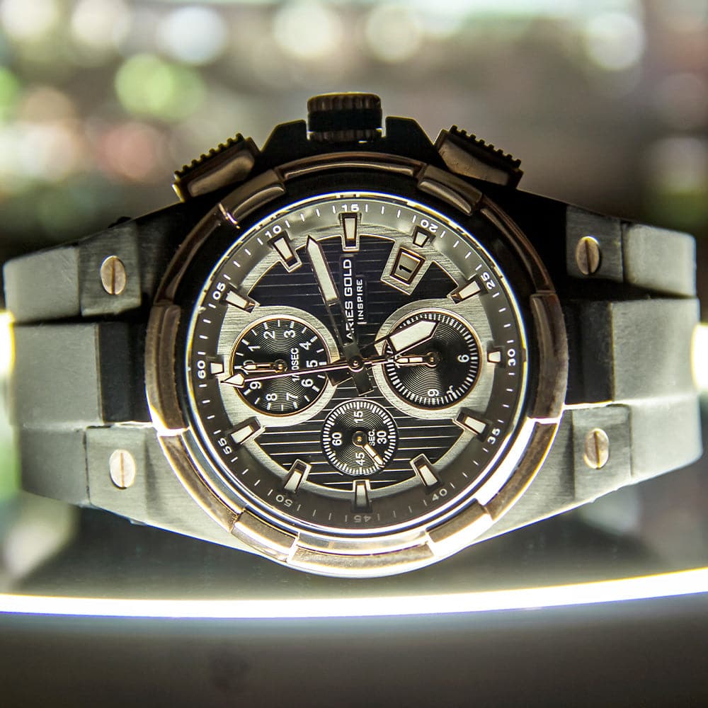 ARIES GOLD KING TWO-TONE STAINLESS STEEL G 7311 BKRG-BKRG HI-TECH BLACK SYNTHETIC STRAP MEN'S WATCH - H2 Hub Watches