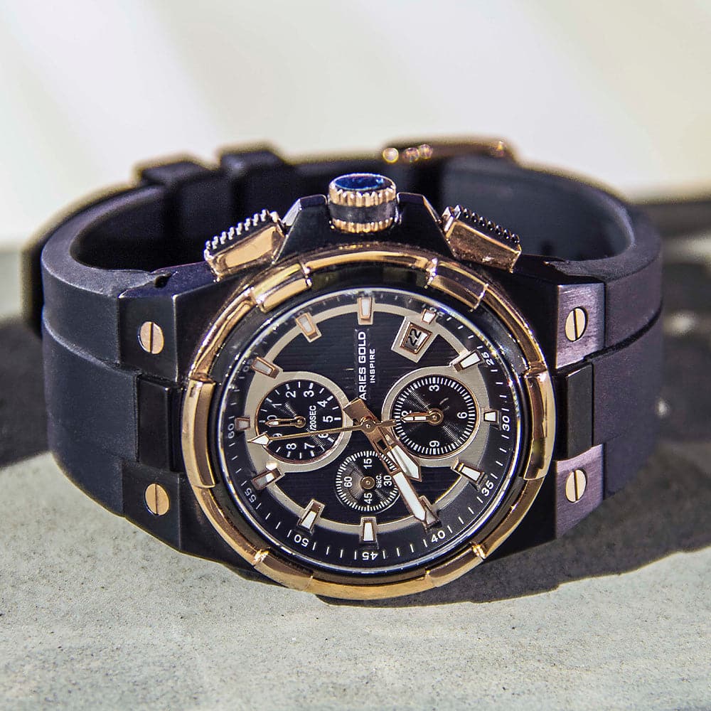 ARIES GOLD KING TWO-TONE STAINLESS STEEL G 7311 BKRG-BKRG HI-TECH BLACK SYNTHETIC STRAP MEN'S WATCH - H2 Hub Watches