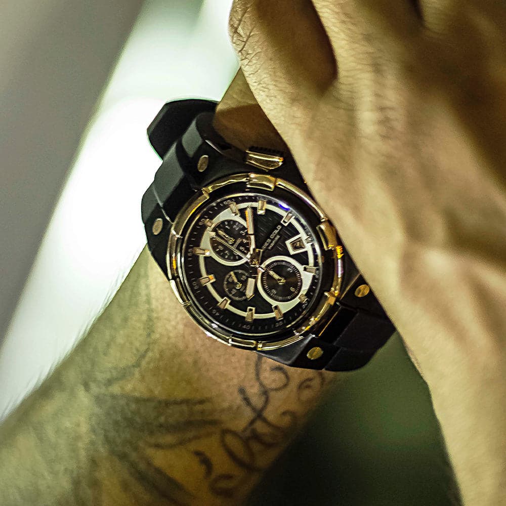 ARIES GOLD KING TWO-TONE STAINLESS STEEL G 7311 BKRG-BKRG HI-TECH BLACK SYNTHETIC STRAP MEN'S WATCH - H2 Hub Watches