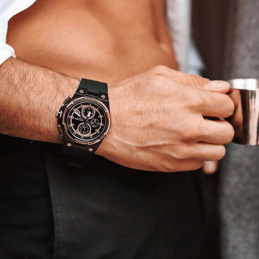 ARIES GOLD KING TWO-TONE STAINLESS STEEL G 7311 BKRG-BKRG HI-TECH BLACK SYNTHETIC STRAP MEN'S WATCH - H2 Hub Watches