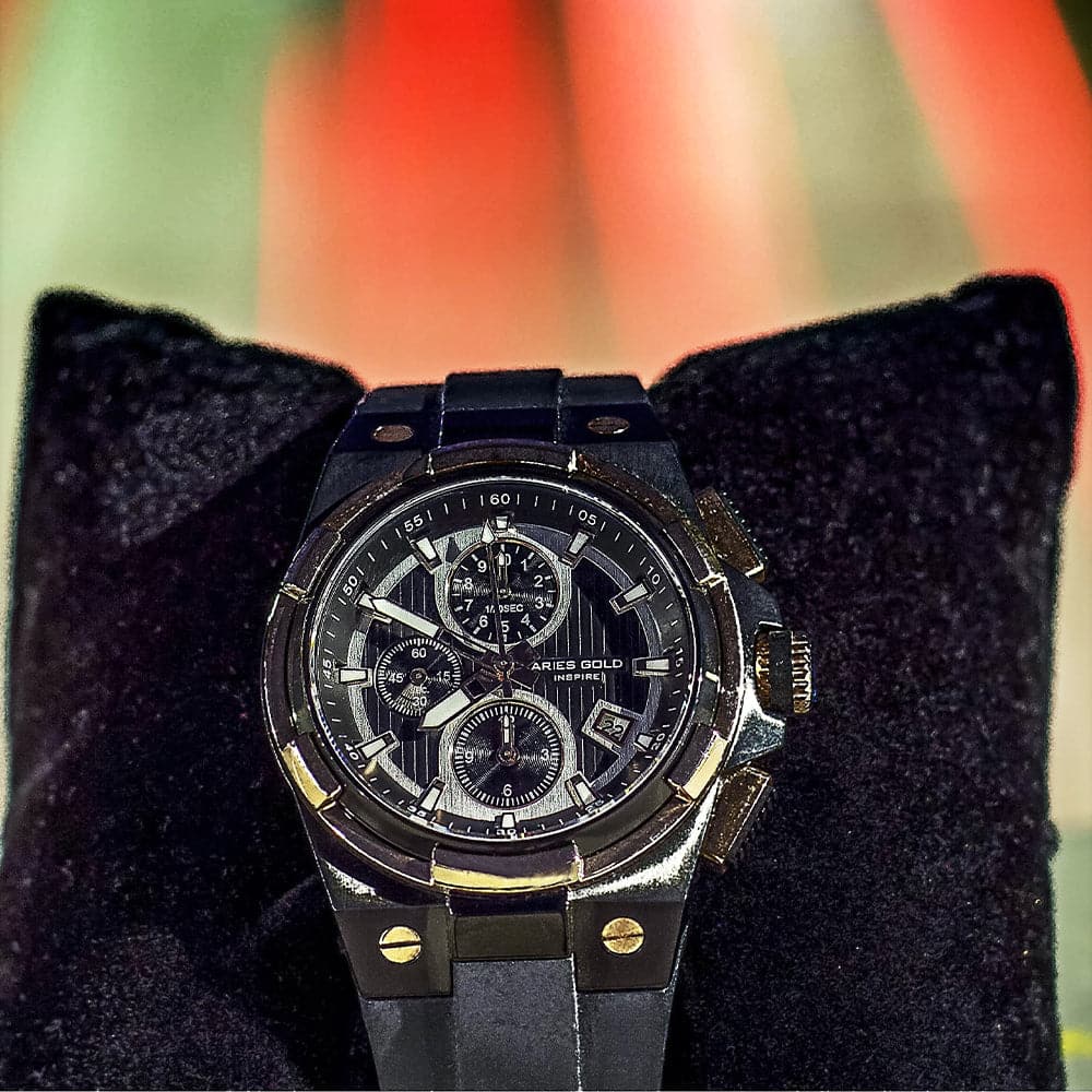 ARIES GOLD KING TWO-TONE STAINLESS STEEL G 7311 BKRG-BKRG HI-TECH BLACK SYNTHETIC STRAP MEN'S WATCH - H2 Hub Watches