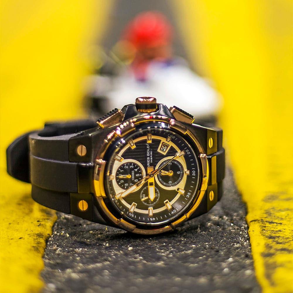 ARIES GOLD KING TWO-TONE STAINLESS STEEL G 7311 BKRG-BKRG HI-TECH BLACK SYNTHETIC STRAP MEN'S WATCH - H2 Hub Watches