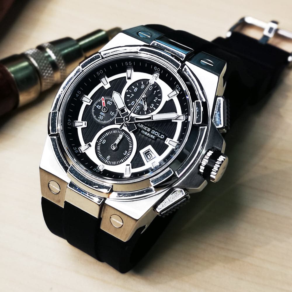 ARIES GOLD KING SILVER STAINLESS STEEL G 7311 S-BKS HI-TECH BLACK SYNTHETIC STRAP MEN'S WATCH - H2 Hub Watches