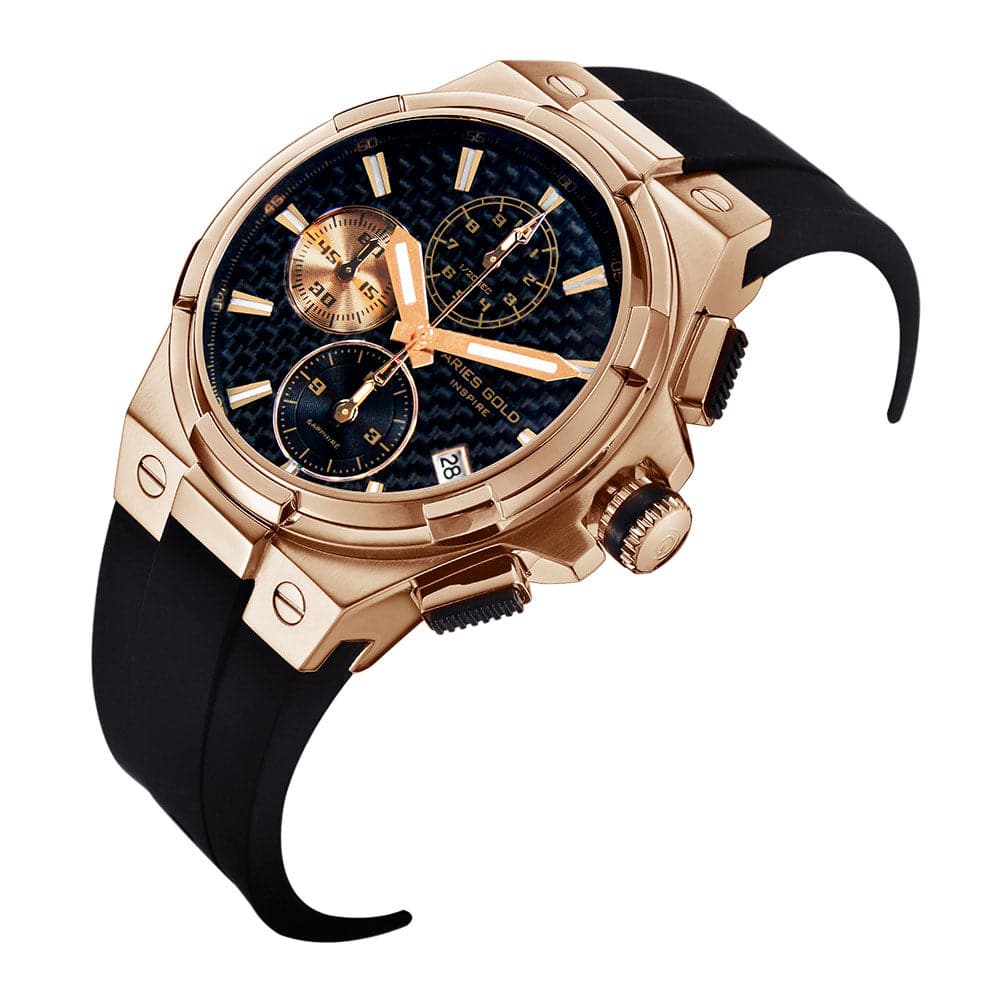 ARIES GOLD MONARCH ROSE GOLD STAINLESS STEEL G 7312 RG-BKRG HI-TECH BLACK SYNTHETIC STRAP MEN'S WATCH - H2 Hub Watches