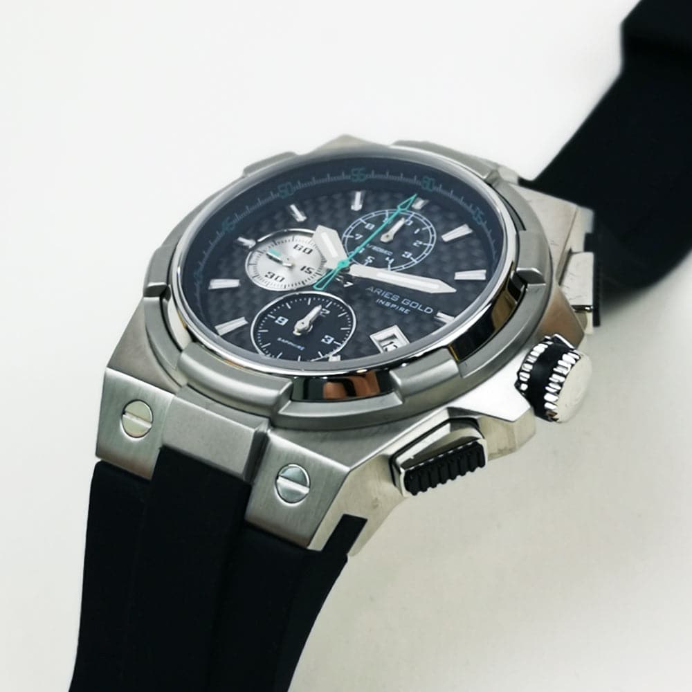 ARIES GOLD MONARCH SILVER STAINLESS STEEL G 7312 S-BKCY HI-TECH BLACK SYNTHETIC STRAP MEN'S WATCH - H2 Hub Watches