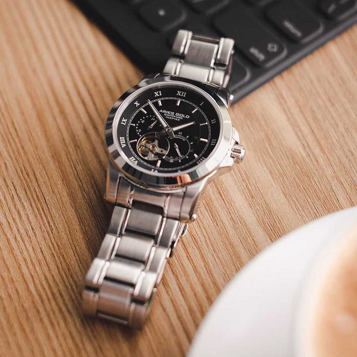 ARIES GOLD AUTOMATIC INFINUM FORZA SILVER STAINLESS STEEL G 9001 S-BK MEN'S WATCH - H2 Hub Watches