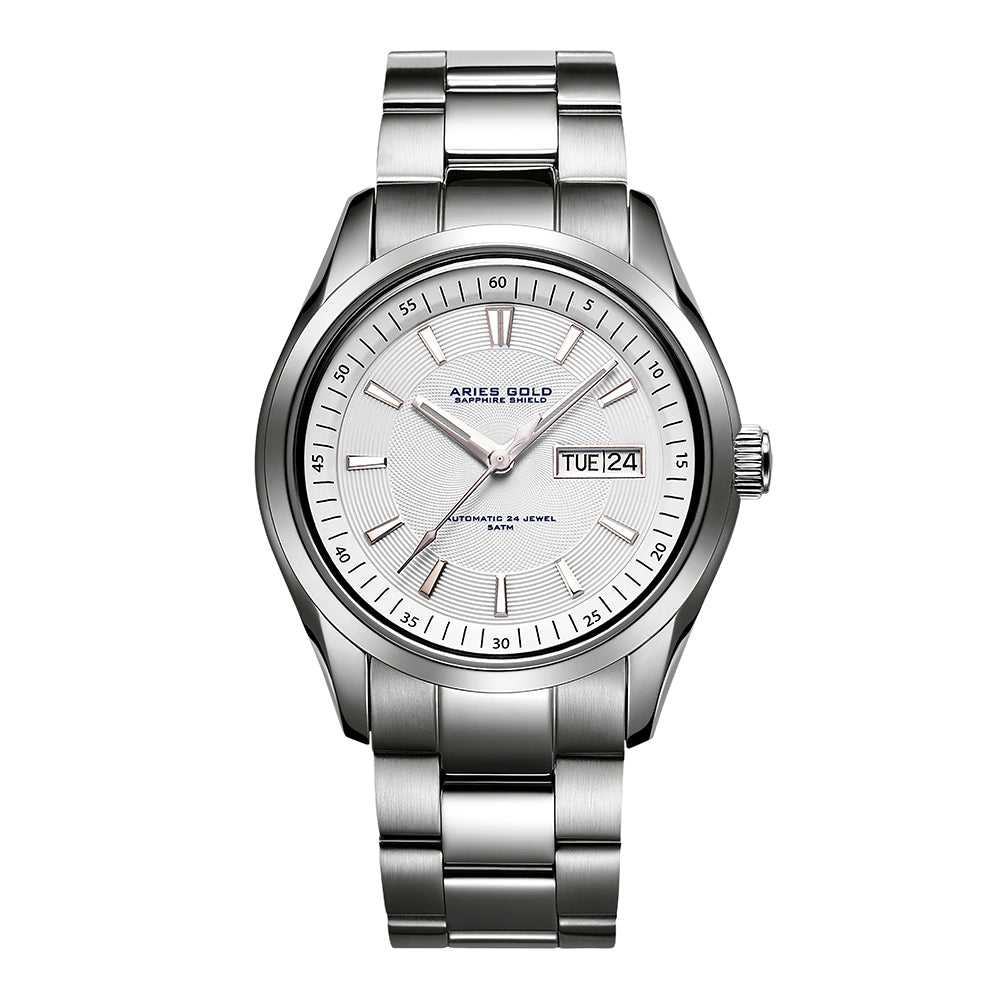 ARIES GOLD AUTOMATIC INFINUM PRESIDENT SILVER STAINLESS STEEL G 9004 S-W MEN'S WATCH - H2 Hub Watches
