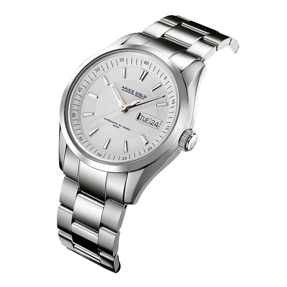 ARIES GOLD AUTOMATIC INFINUM PRESIDENT SILVER STAINLESS STEEL G 9004 S-W MEN'S WATCH - H2 Hub Watches