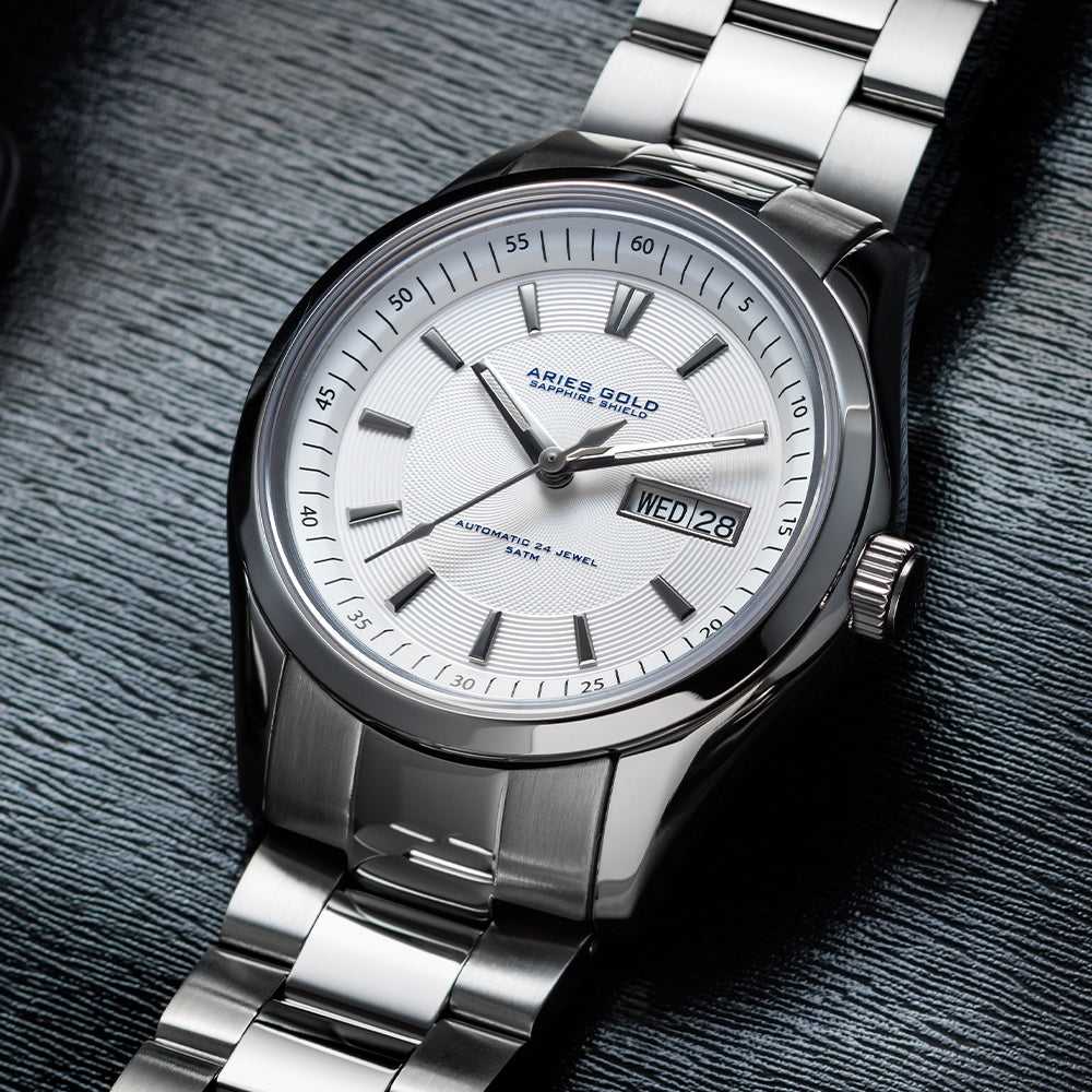 ARIES GOLD AUTOMATIC INFINUM PRESIDENT SILVER STAINLESS STEEL G 9004 S-W MEN'S WATCH - H2 Hub Watches
