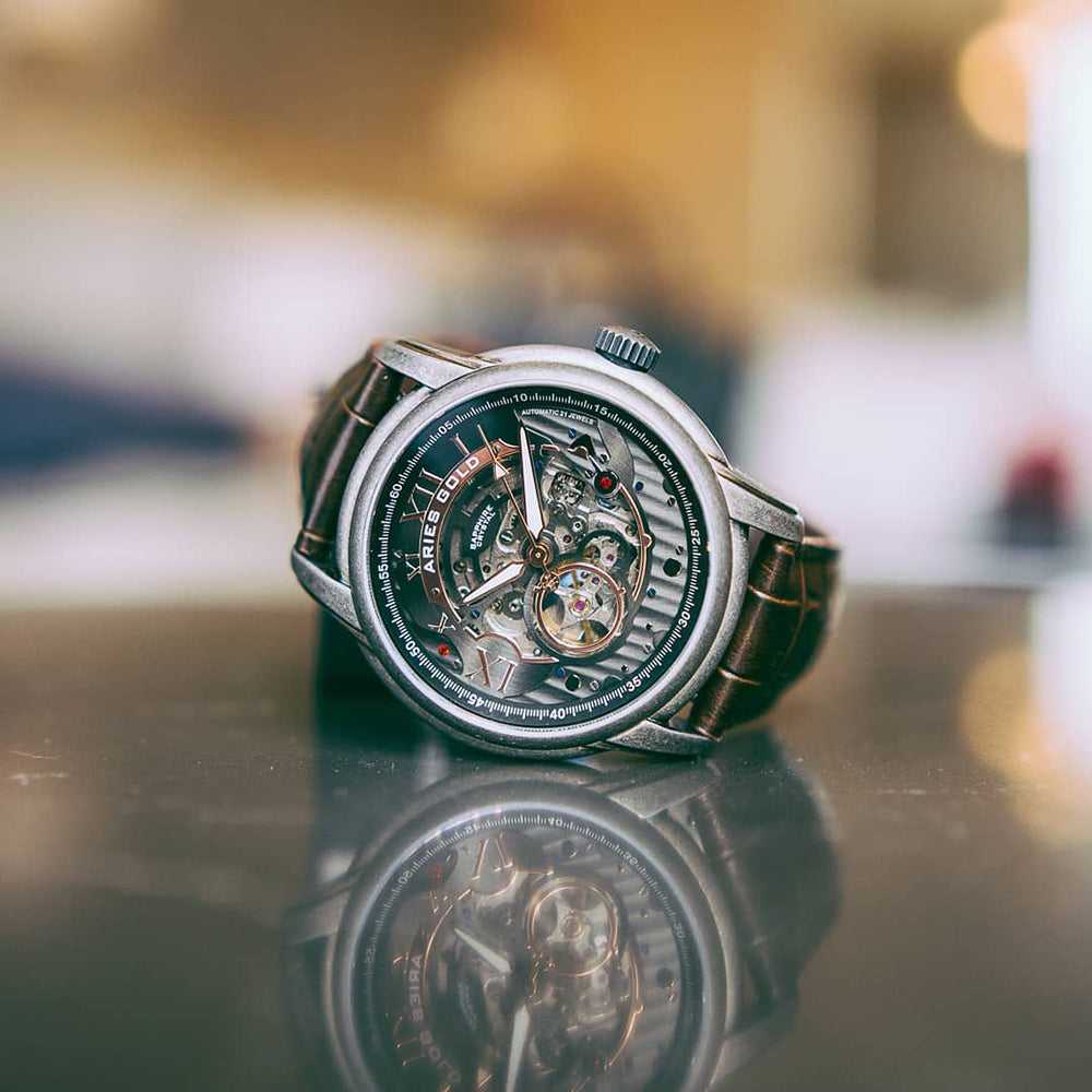 ARIES GOLD AUTOMATIC INFINUM EL TORO SILVER STAINLESS STEEL G 9005 AS-BK BROWN LEATHER STRAP MEN'S WATCH - H2 Hub Watches