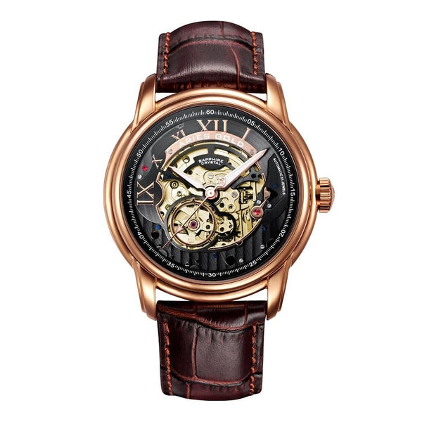 ARIES GOLD AUTOMATIC INFINUM EL TORO GOLD STAINLESS STEEL G 9005G RG-BK BROWN LEATHER STRAP MEN'S WATCH