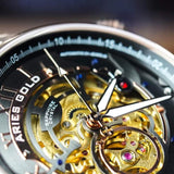 ARIES GOLD AUTOMATIC INFINUM EL TORO GOLD STAINLESS STEEL G 9005G RG-BK BROWN LEATHER STRAP MEN'S WATCH