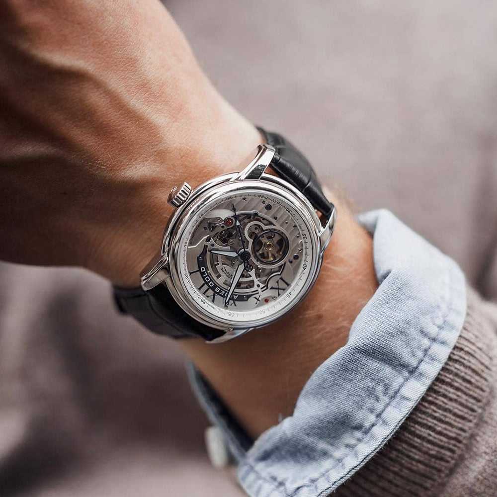 ARIES GOLD AUTOMATIC INFINUM EL TORO SILVER STAINLESS STEEL G 9005 S-S BLACK LEATHER STRAP MEN'S WATCH - H2 Hub Watches