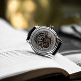 ARIES GOLD AUTOMATIC INFINUM EL TORO SILVER STAINLESS STEEL G 9005 S-S BLACK LEATHER STRAP MEN'S WATCH - H2 Hub Watches
