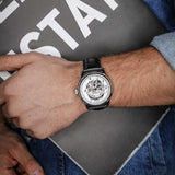 ARIES GOLD AUTOMATIC INFINUM EL TORO SILVER STAINLESS STEEL G 9005 S-S BLACK LEATHER STRAP MEN'S WATCH - H2 Hub Watches