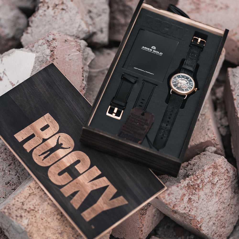 ARIES GOLD AUTOMATIC ROCKY LIMITED EDITION GOLD STAINLESS STEEL INVINCIBLE G 9013 G-BK LEATHER STRAP MEN'S WATCH - H2 Hub Watches
