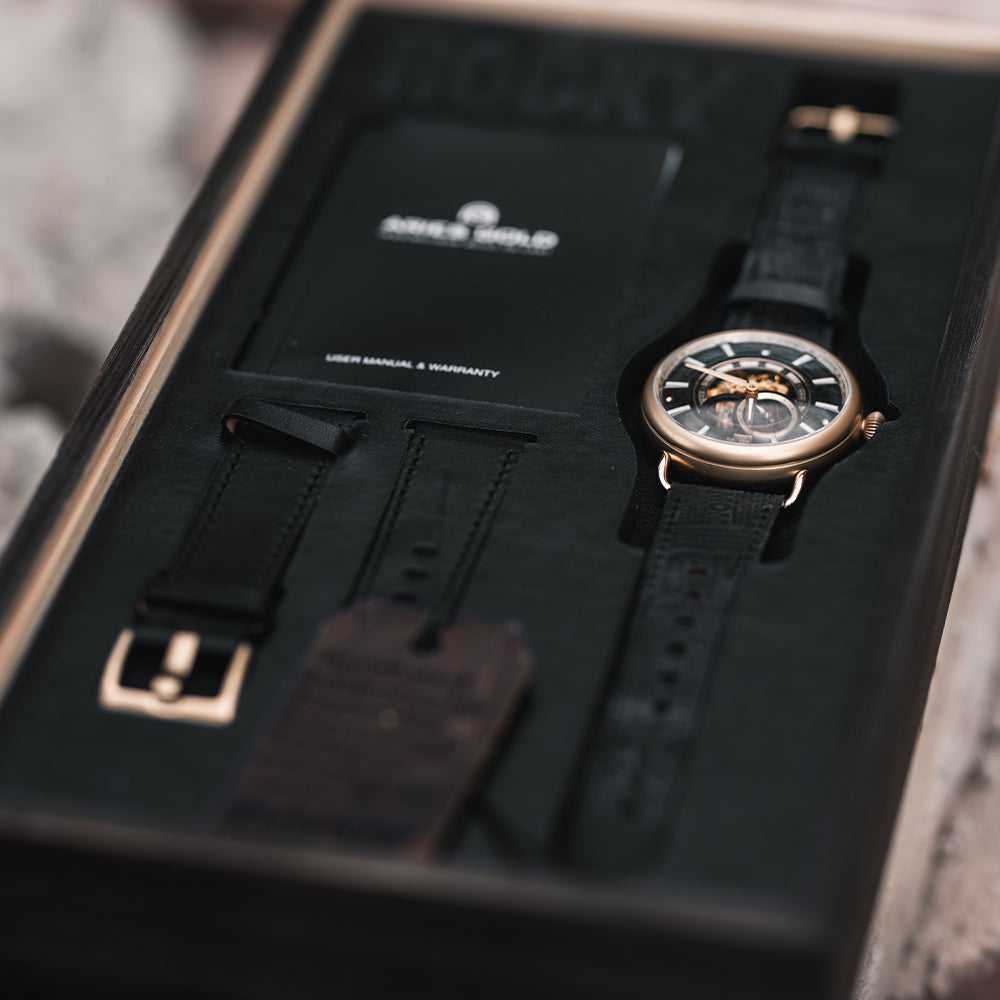 ARIES GOLD AUTOMATIC ROCKY LIMITED EDITION GOLD STAINLESS STEEL INVINCIBLE G 9013 G-BK LEATHER STRAP MEN'S WATCH - H2 Hub Watches