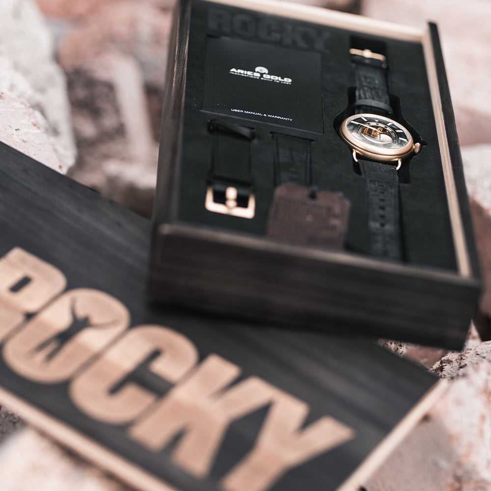 ARIES GOLD AUTOMATIC ROCKY LIMITED EDITION GOLD STAINLESS STEEL INVINCIBLE G 9013 G-BK LEATHER STRAP MEN'S WATCH - H2 Hub Watches