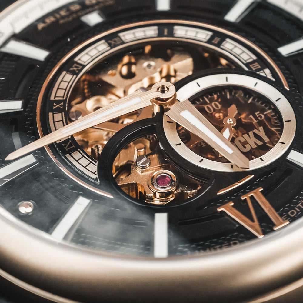 ARIES GOLD AUTOMATIC ROCKY LIMITED EDITION GOLD STAINLESS STEEL INVINCIBLE G 9013 G-BK LEATHER STRAP MEN'S WATCH - H2 Hub Watches