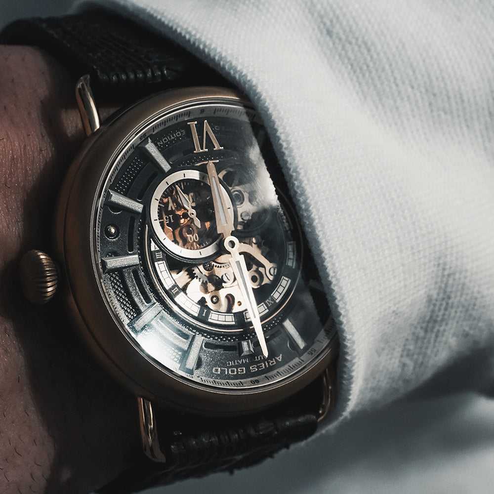 ARIES GOLD AUTOMATIC ROCKY LIMITED EDITION GOLD STAINLESS STEEL INVINCIBLE G 9013 G-BK LEATHER STRAP MEN'S WATCH - H2 Hub Watches