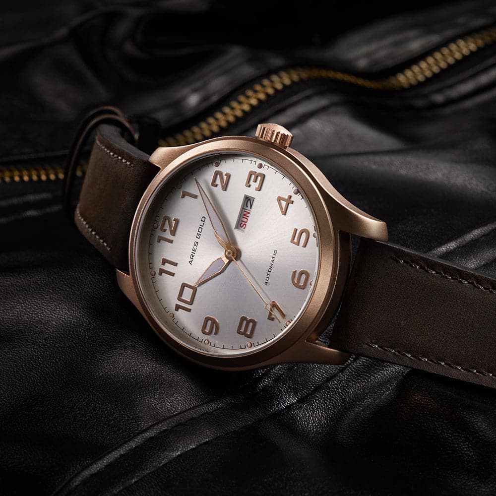 ARIES GOLD AUTOMATIC ESCALATE ROSE GOLD STAINLESS STEEL G 9017 RG-SRG BROWN LEATHER STRAP MEN'S WATCH - H2 Hub Watches