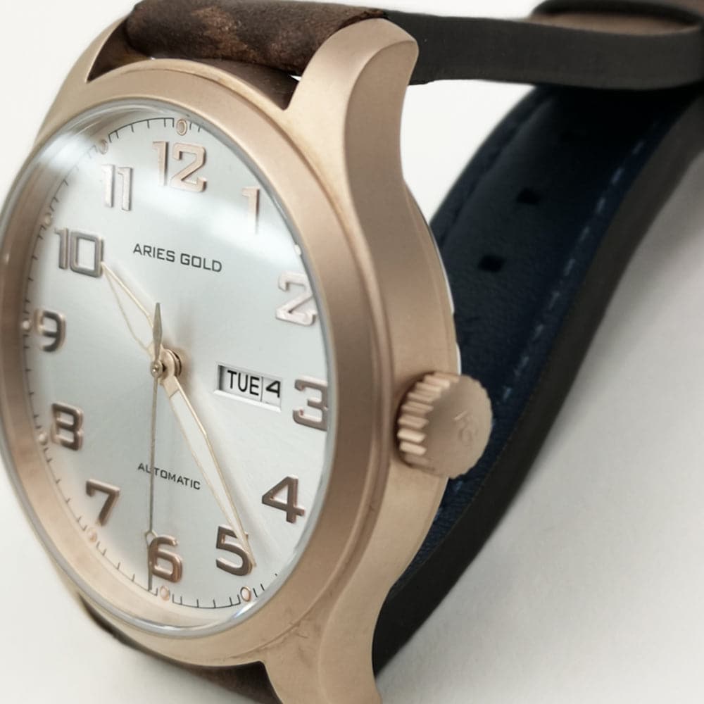 ARIES GOLD AUTOMATIC ESCALATE ROSE GOLD STAINLESS STEEL G 9017 RG-SRG BROWN LEATHER STRAP MEN'S WATCH - H2 Hub Watches
