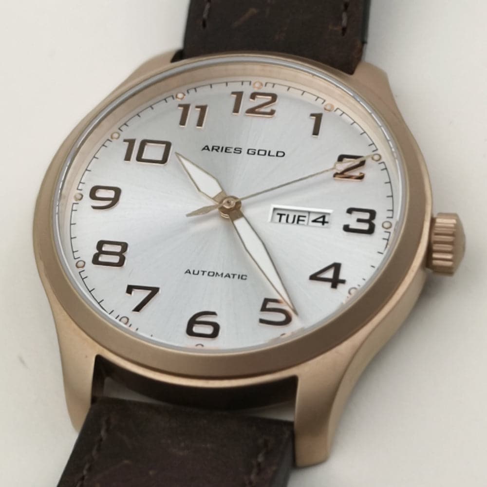 ARIES GOLD AUTOMATIC ESCALATE ROSE GOLD STAINLESS STEEL G 9017 RG-SRG BROWN LEATHER STRAP MEN'S WATCH - H2 Hub Watches