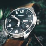 ARIES GOLD AUTOMATIC ESCALATE SILVER STAINLESS STEEL G 9017 S-BK BROWN LEATHER STRAP MEN'S WATCH - H2 Hub Watches
