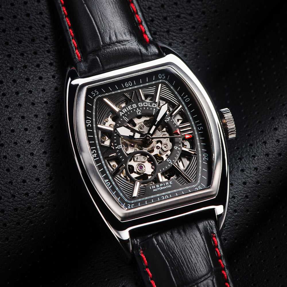 ARIES GOLD AUTOMATIC INFINUM CRUISER SILVER STAINLESS STEEL G 901 S-BKR BLACK LEATHER STRAP MEN'S WATCH - H2 Hub Watches
