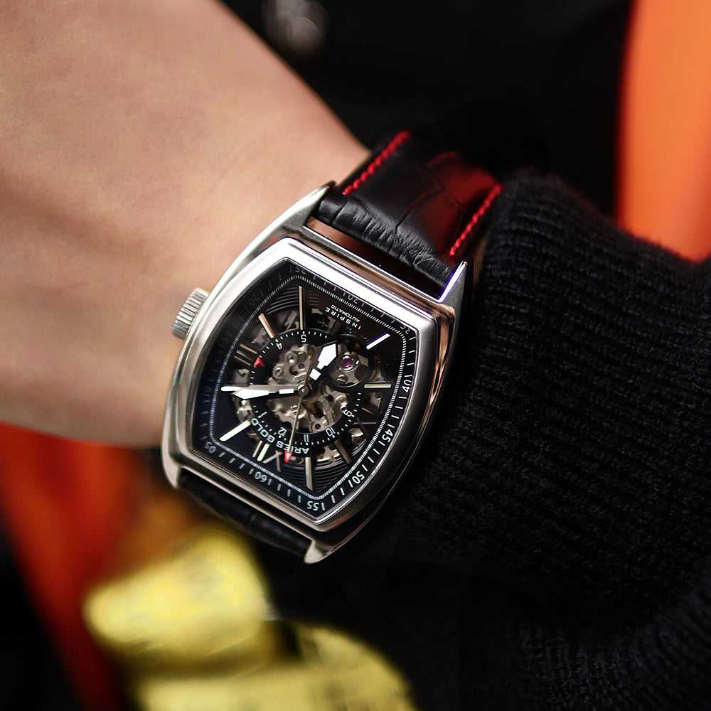 ARIES GOLD AUTOMATIC INFINUM CRUISER SILVER STAINLESS STEEL G 901 S-BKR BLACK LEATHER STRAP MEN'S WATCH - H2 Hub Watches