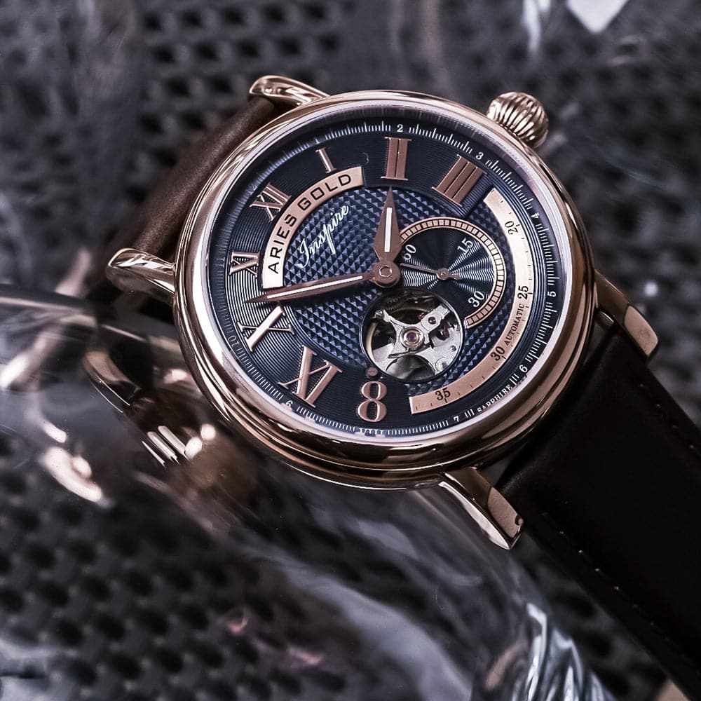 ARIES GOLD AUTOMATIC INSPIRE GAUNTLET VINTAGE ROSE GOLD STAINLESS STEEL G 903A RG-BU BROWN LEATHER STRAP MEN'S WATCH - H2 Hub Watches