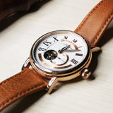 ARIES GOLD AUTOMATIC INSPIRE GAUNTLET VINTAGE ROSE GOLD STAINLESS STEEL G 903A RG-W ORANGE LEATHER STRAP MEN'S WATCH - H2 Hub Watches