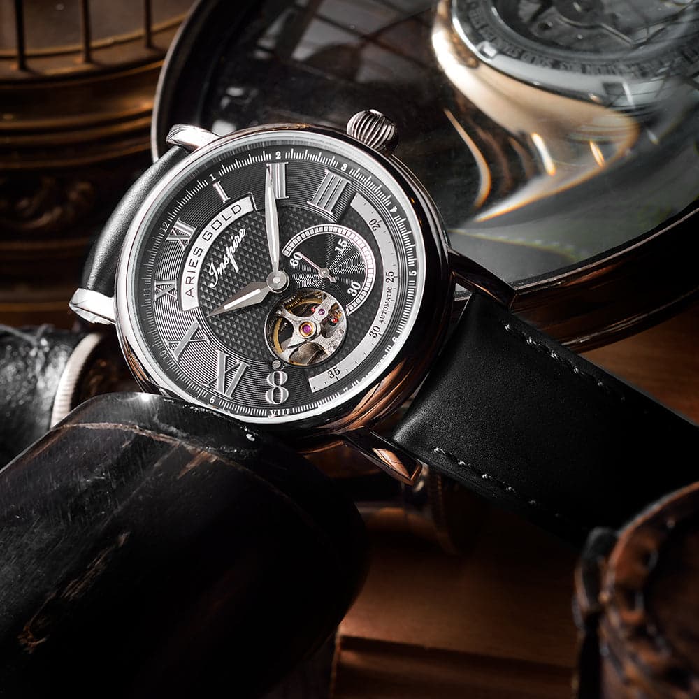 ARIES GOLD AUTOMATIC INSPIRE GAUNTLET VINTAGE SILVER STAINLESS STEEL G 903A S-BK BLACK LEATHER STRAP MEN'S WATCH - H2 Hub Watches