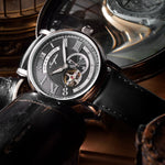 ARIES GOLD AUTOMATIC INSPIRE GAUNTLET VINTAGE SILVER STAINLESS STEEL G 903A S-BK BLACK LEATHER STRAP MEN'S WATCH - H2 Hub Watches