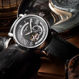 ARIES GOLD AUTOMATIC INSPIRE GAUNTLET VINTAGE SILVER STAINLESS STEEL G 903A S-BK BLACK LEATHER STRAP MEN'S WATCH - H2 Hub Watches