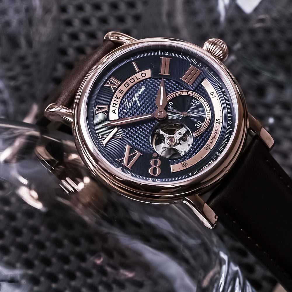 ARIES GOLD AUTOMATIC INSPIRE GAUNTLET VINTAGE ROSE GOLD STAINLESS STEEL G 903 RG-BU BROWN LEATHER STRAP MEN'S WATCH - H2 Hub Watches