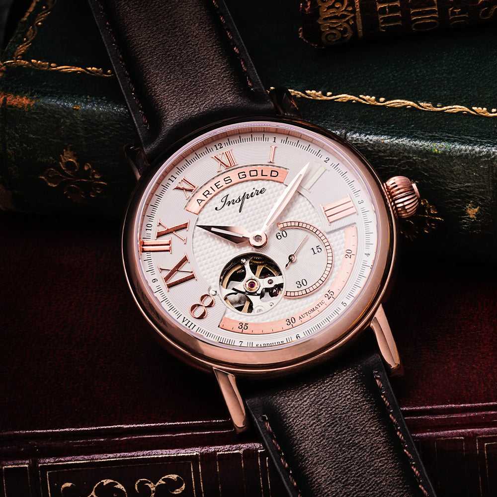 ARIES GOLD AUTOMATIC INSPIRE GAUNTLET VINTAGE ROSE GOLD STAINLESS STEEL G 903 RG-W BROWN LEATHER STRAP MEN'S WATCH - H2 Hub Watches