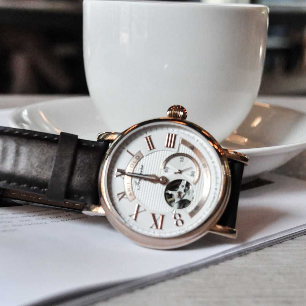 ARIES GOLD AUTOMATIC INSPIRE GAUNTLET VINTAGE ROSE GOLD STAINLESS STEEL G 903 RG-W BROWN LEATHER STRAP MEN'S WATCH - H2 Hub Watches
