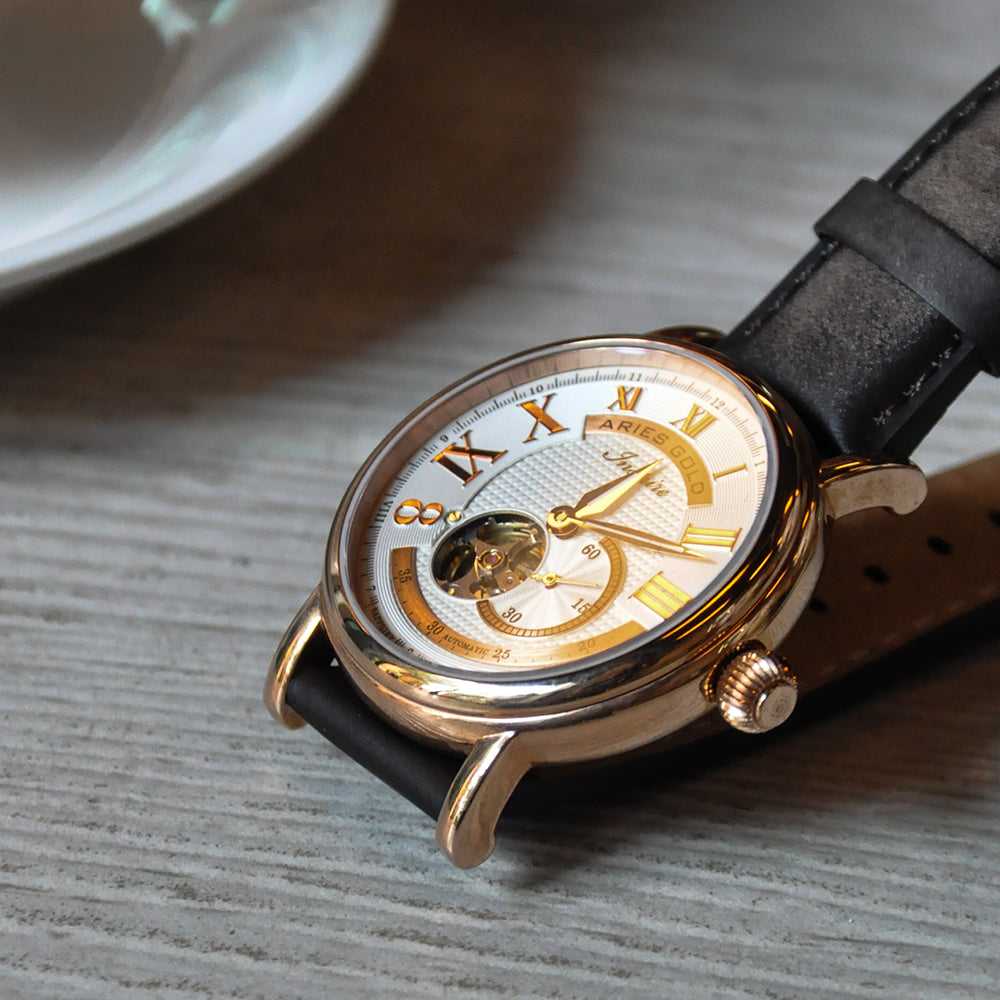 ARIES GOLD AUTOMATIC INSPIRE GAUNTLET VINTAGE ROSE GOLD STAINLESS STEEL G 903 RG-W BROWN LEATHER STRAP MEN'S WATCH - H2 Hub Watches