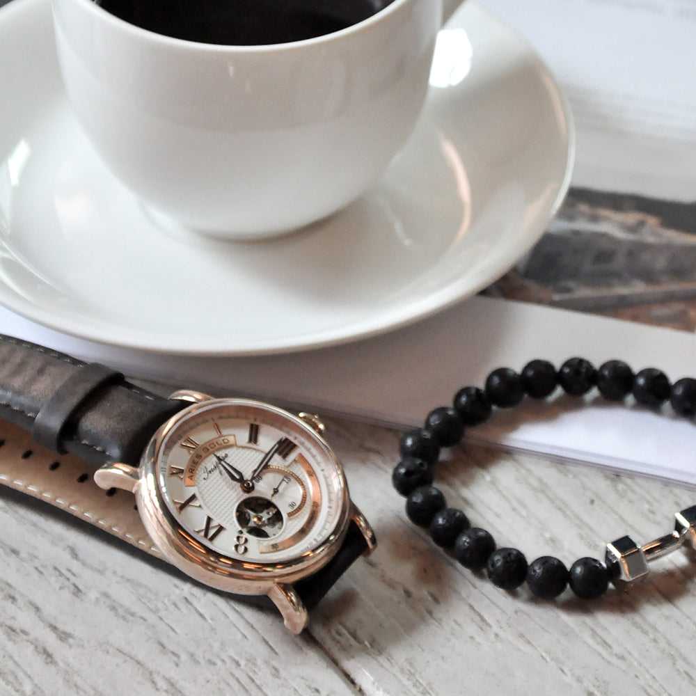 ARIES GOLD AUTOMATIC INSPIRE GAUNTLET VINTAGE ROSE GOLD STAINLESS STEEL G 903 RG-W BROWN LEATHER STRAP MEN'S WATCH - H2 Hub Watches