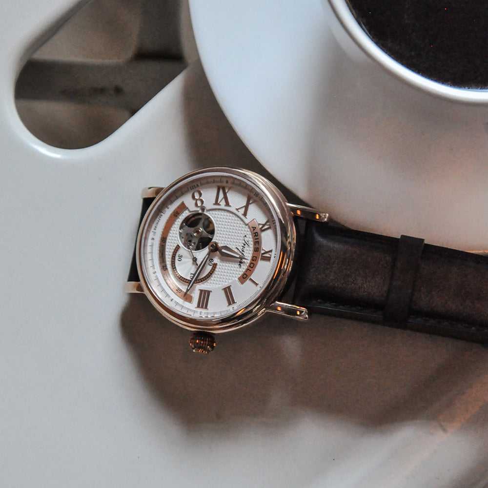 ARIES GOLD AUTOMATIC INSPIRE GAUNTLET VINTAGE ROSE GOLD STAINLESS STEEL G 903 RG-W BROWN LEATHER STRAP MEN'S WATCH - H2 Hub Watches