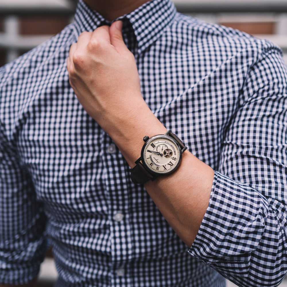 ARIES GOLD AUTOMATIC INSPIRE GAUNTLET VINTAGE TUNGSTEN STAINLESS STEEL G 903 TS-BEI BROWN LEATHER STRAP MEN'S WATCH - H2 Hub Watches