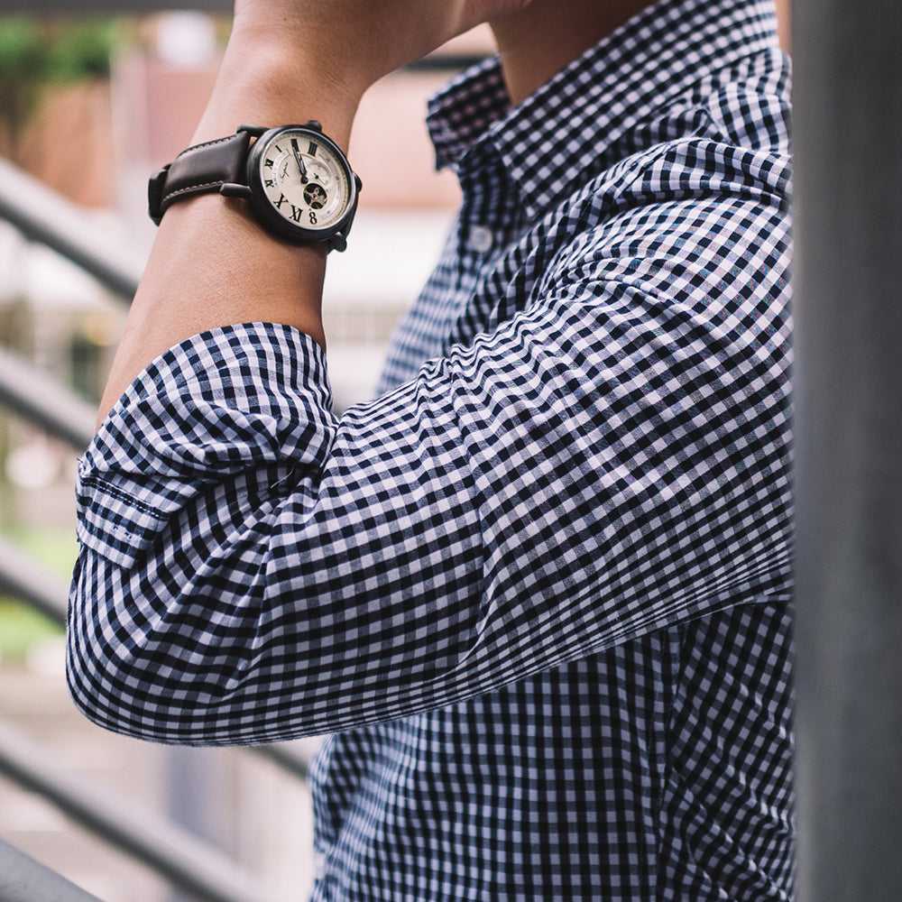 ARIES GOLD AUTOMATIC INSPIRE GAUNTLET VINTAGE TUNGSTEN STAINLESS STEEL G 903 TS-BEI BROWN LEATHER STRAP MEN'S WATCH - H2 Hub Watches