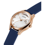 GUESS GW0356L1 ROSE GOLD TONE CASE WHITE DIAL BLUE LEATHER STRAP WOMEN'S WATCH