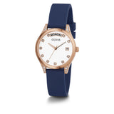 GUESS GW0356L1 ROSE GOLD TONE CASE WHITE DIAL BLUE LEATHER STRAP WOMEN'S WATCH