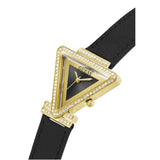 Guess Triangle Gold Tone Case And Black Leather Strap Women Watch