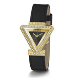 Guess Triangle Gold Tone Case And Black Leather Strap Women Watch